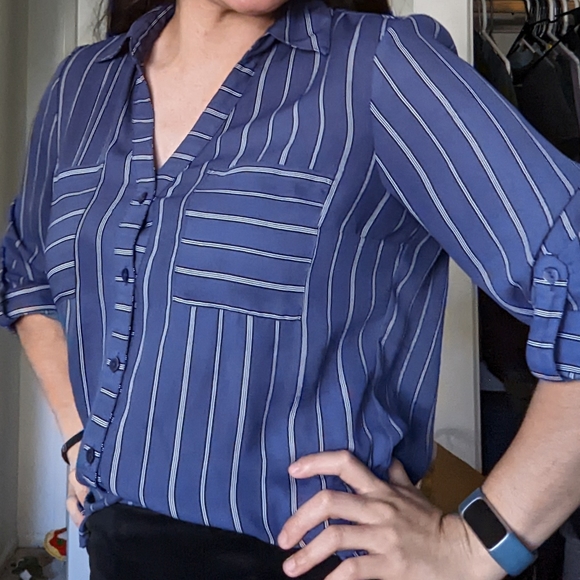 Iz Byer Tops - Iz Byer Striped Women's Button Down V-Neck Blouse in Blue/Gray